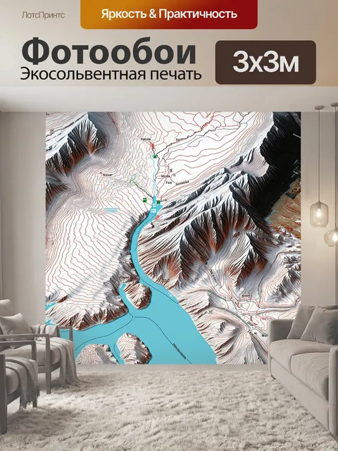 Фотообои на подробной топографической карте изображены горные хребты