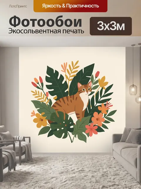 Фотообои Рыжий кот среди листьев