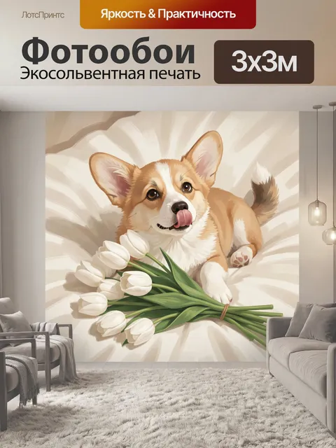 Фотообои Корги с белыми тюльпанами