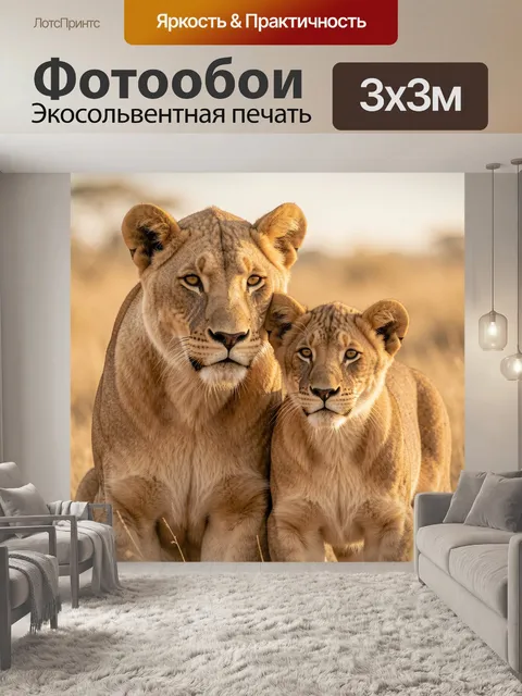 Фотообои Львица и львёнок в саванне