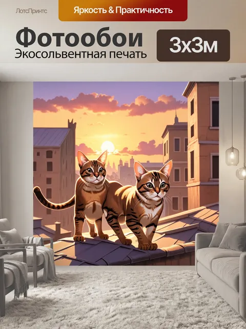 Фотообои изображение абиссинских кошек, гуляющих по крышам старого города, с великолепным закатом на фоне