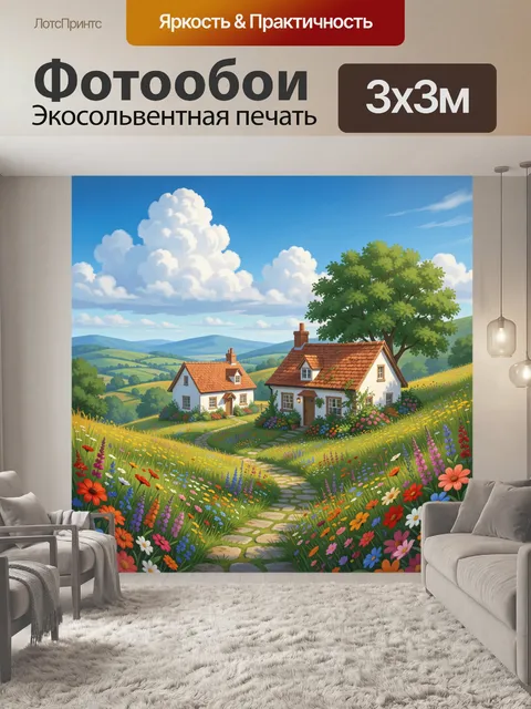 Фотообои Деревенский пейзаж с цветущими лугами