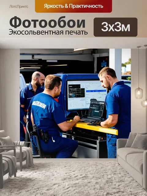 Фотообои грузовик в автосервисе, спрос на работу, очередь клиентов, механик проводит диагностику с помощью компьютера