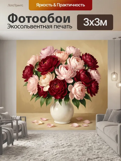 Фотообои Бордовые и нежно-розовые пионы