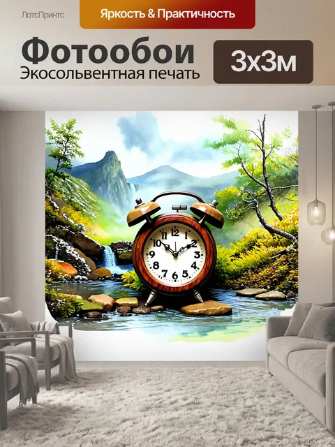 Фотообои часы, окруженные природой, с циферблатом, выполненным из древесины и камня
