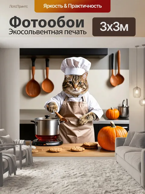 Фотообои Кот-шеф-повар в белом поварском колпаке и с коротким фартуком, стоит на кухне