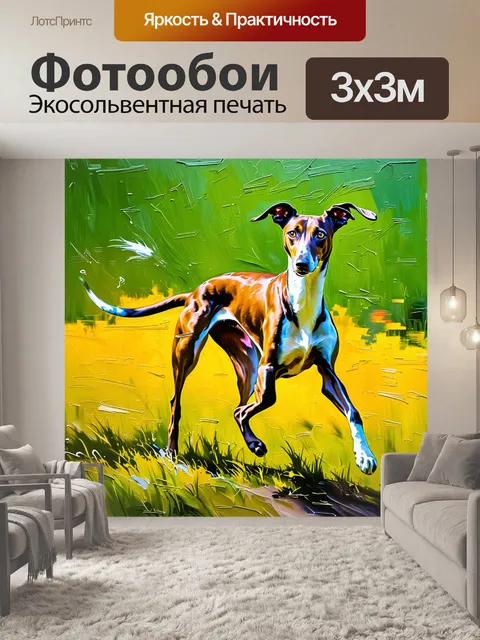 Фотообои борзая, застывшая в динамическом бегу на фоне зеленого луга, где ее волосы нежно развеваются на ветру