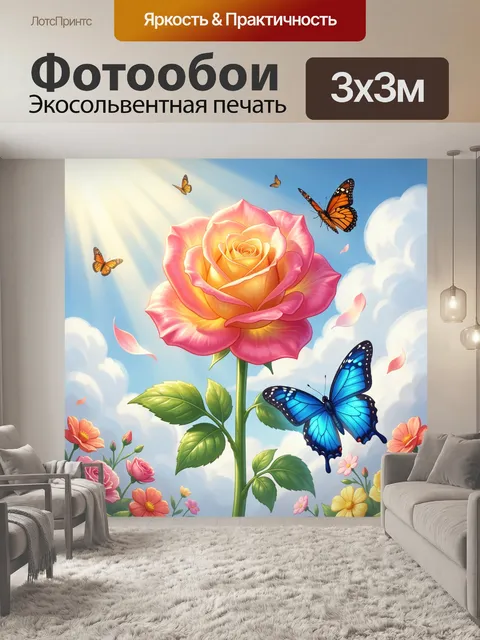 Фотообои Роза с бабочками в небе