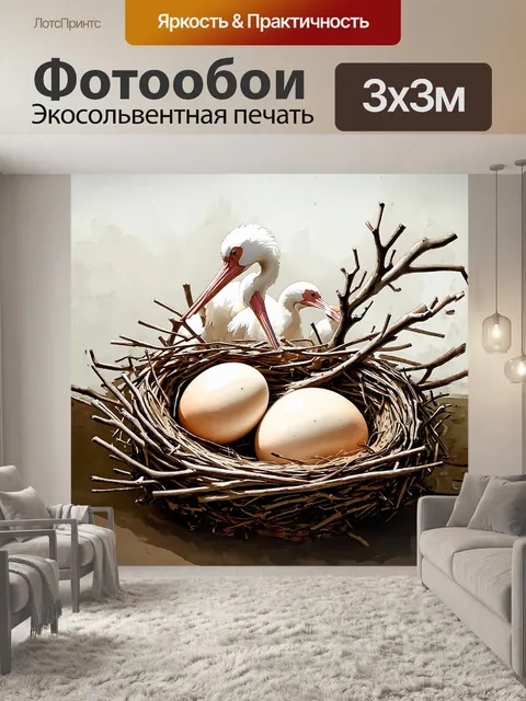 Фотообои крупный план гнезда аиста с аккуратно сложенными прутиками и мягкими яйцами