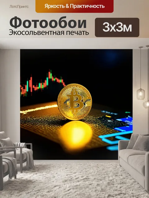 Фотообои в центре композиции — золотая монета биткоина, ярко светящаяся на фоне тёмной, текстурированной поверхности
