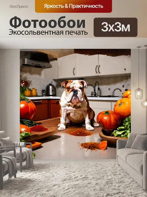Фотообои бульдог, мирно сидящий на кухонном полу, окруженный ароматными специями и свежими овощами на столе