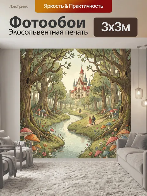 Фотообои Сказочный лес с замком и грибами