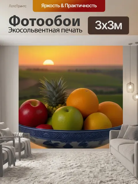 Фотообои чашка с фруктами на фоне закатного пейзажа