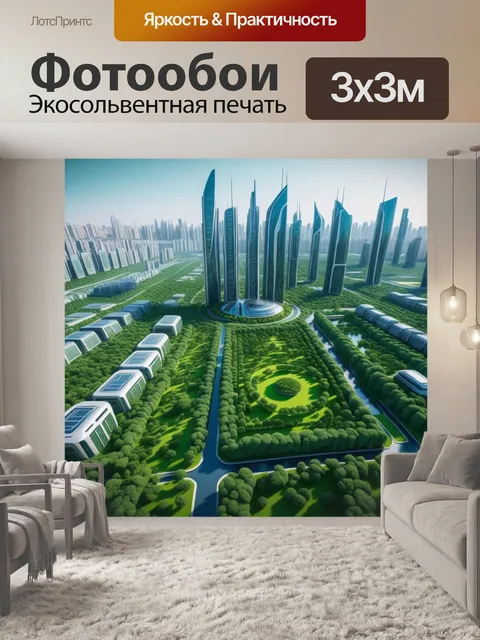 Фотообои город будущего с высокими зданиями и зелеными парками