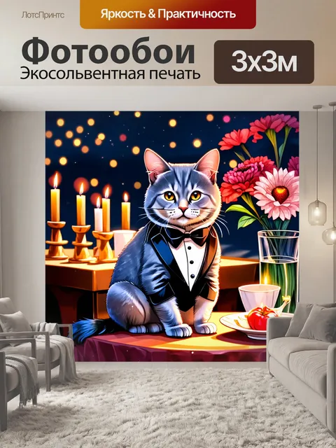 Фотообои серый кот, одетый в смокинг, сидит на романтическом свидании в уютном ресторане, окруженном свечами и…