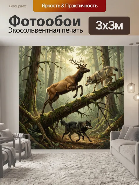 Фотообои Волки и олень в лесу