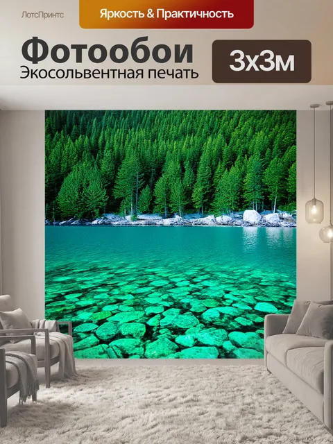 Фотообои мгновение спокойного лета на озере рица, когда виден каждый камень на дне благодаря прозрачной воде