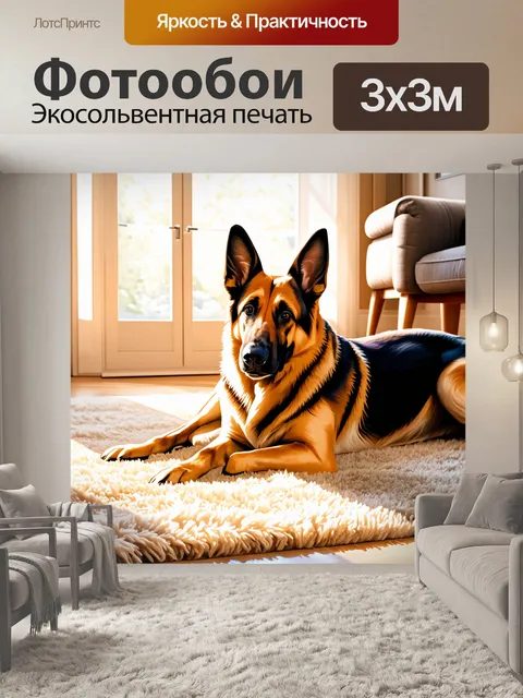 Фотообои изображение немецкой овчарки, удобно расположившейся на мягком ковре в гостиной