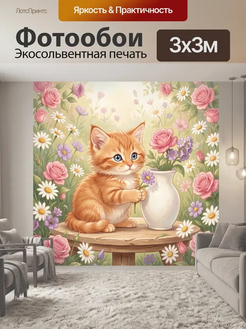 Фотообои Рыжий котёнок среди цветов