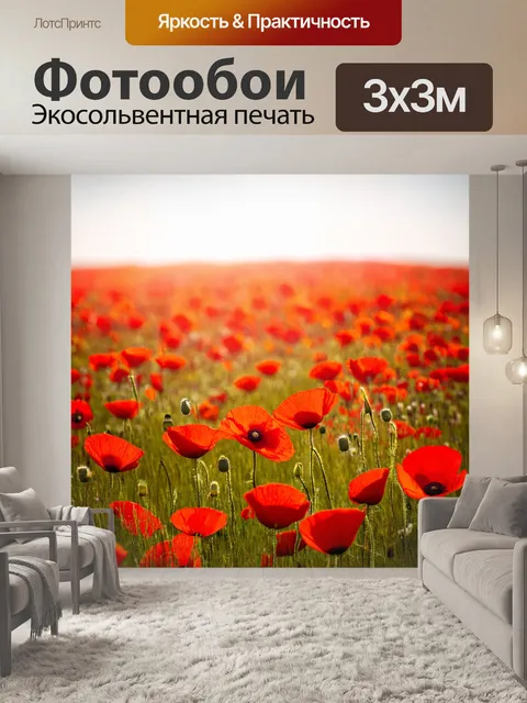 Фотообои пейзаж полей красных макам, колышущихся на ветру, в теплых солнце
