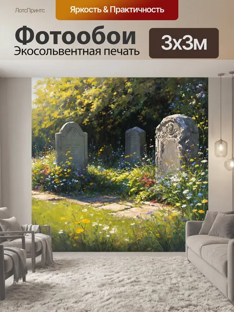 Фотообои камень, показывающие тайный сад, где каменные надгробия переплетаются с дикими цветами