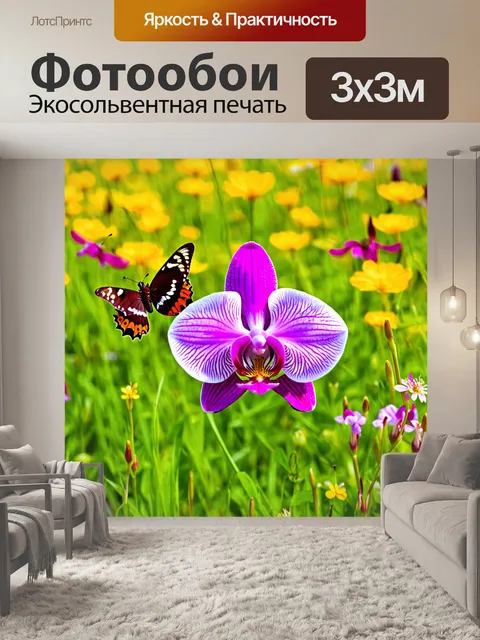 Фотообои орхидея, в окружении бабочек и мелких цветов на летнем лугу