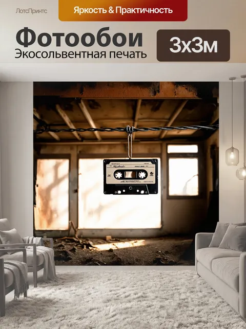 Фотообои музыкальная кассета висит на старой проволоке в заброшенном гараже