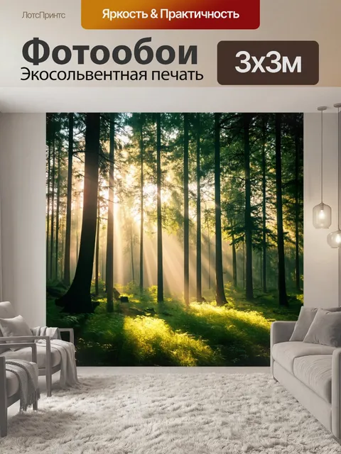 Фотообои утро: спейс в лесу, где солнечные лучи пробиваются сквозь туман, создавая беспечные узоры света и тени