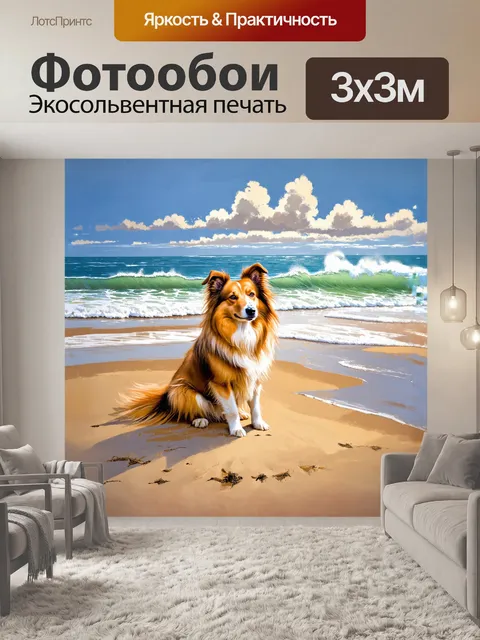 Фотообои шетландская овчарка, сидящая на песчаном пляже, наблюдает за волнами, которые накатываются на берег