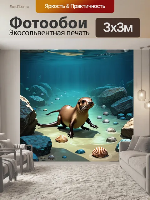Фотообои сцена подводного мира, где утконос исследует дно реки, среди камней и ракушек