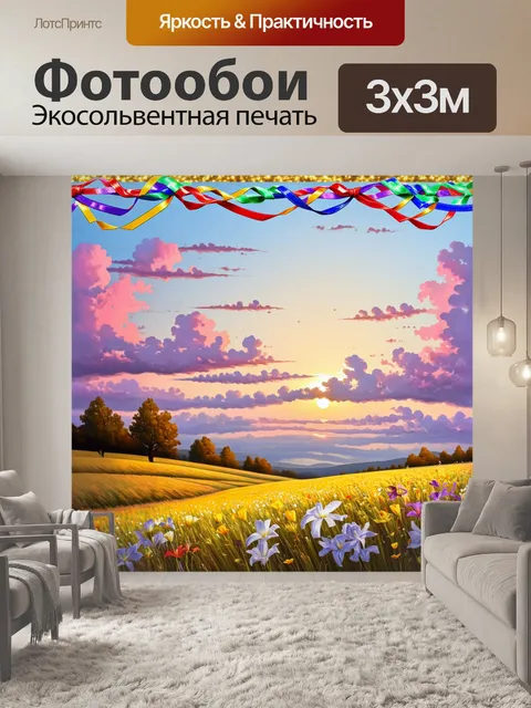 Фотообои праздничный утренний пейзаж с мэрцишорами, украшенными яркими лентами, на фоне восхода солнца
