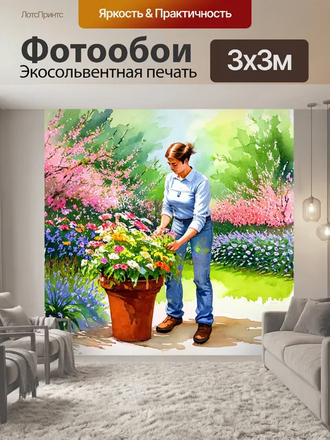 Фотообои садовник, ухаживающий за цветами в ботаническом саду, окруженный яркими