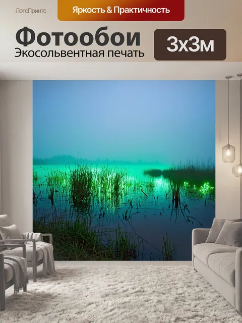 Фотообои туман в стиле люминизм, холодное утро на озере, светящиеся камыши и водоросли, отражение неба
