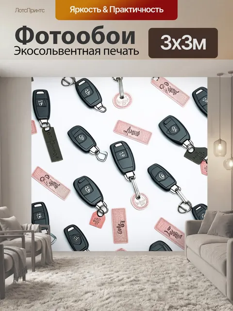 Фотообои ключи от автомобиля, обвешанные бирками и мелкими деталями, сплетаются в форме узора на белом фоне, создавая…