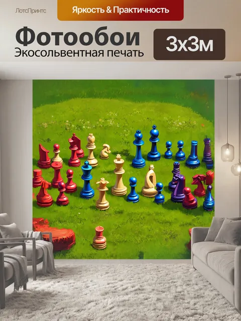 Фотообои шахматный турнир, изображенный в виде гигантских фигур, установленных на зеленом лужайке, создаёт ощущение…