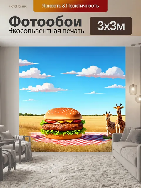 Фотообои гамбургер на фоне просторов необъятной саванны, с дикими животными, находясь на пикнике под открытым небом