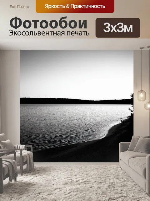 Фотообои озеро в черно-белом стиле, вечерняя прогулка вдоль берега