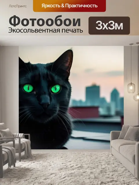 Фотообои черный кот с зеленими глазами на крыше