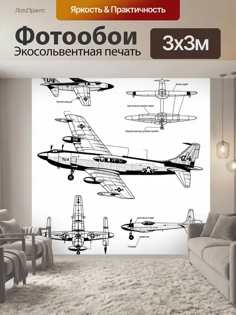 Фотообои технический чертеж самолета ту-4, выполненный в стиле черно-белой графики, с акцентом на каждой детали