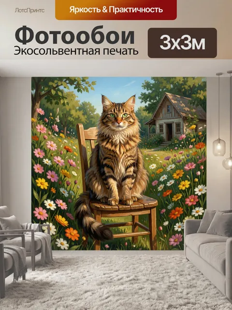 Фотообои Пушистый кот в цветущем саду