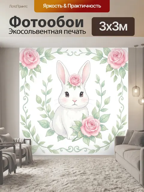 Фотообои Кролик с розами и зеленью