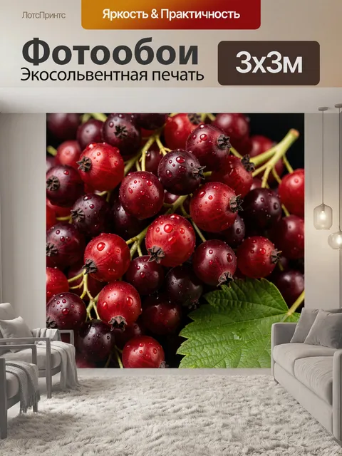 Фотообои Крупный макро-натюрморт с гроздью спелых красных ягод крыжовника