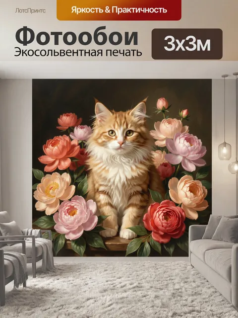 Фотообои Рыжий кот среди цветов