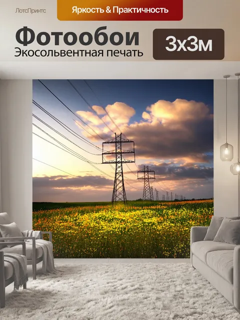 Фотообои лэп, охваченный вечерним светом над полем, заполненным дикими цветами, с облаками, развеянными по небу…