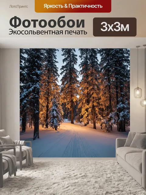 Фотообои in the background, a winter landscape can be seen through a frosty window