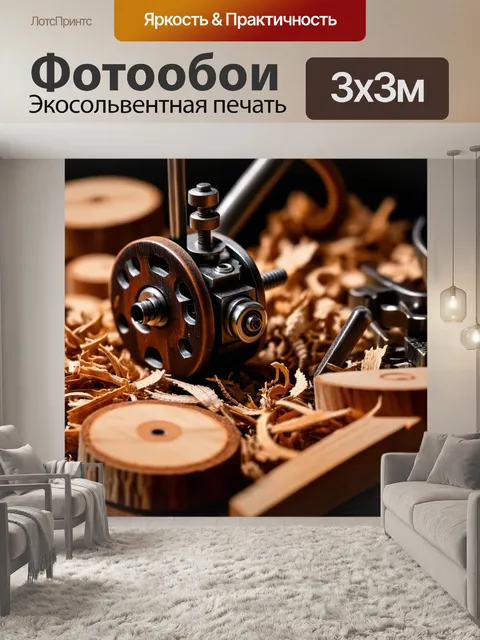 Фотообои античный механизм, работающий с различными инструментами для резьбы по дереву, в окружении деревянных…