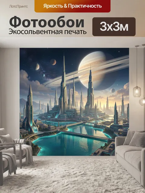 Фотообои Футуристический город под кольцами планеты