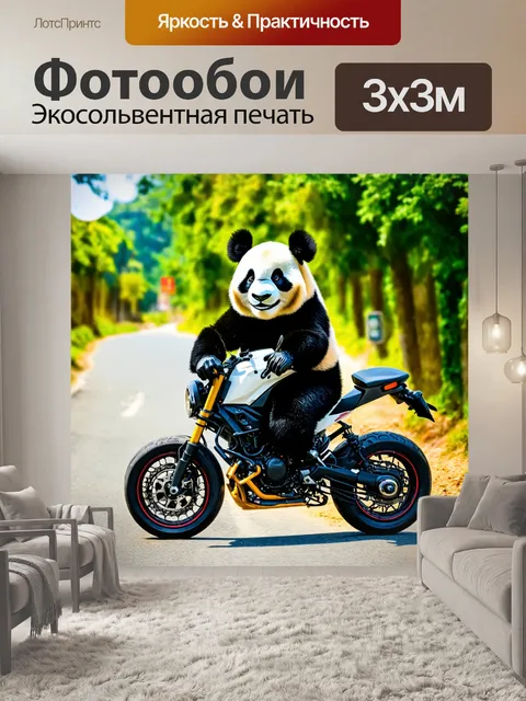 Фотообои крутая панда, едущая на мотоцикле с помощью черных перчаток и шлема, полная адреналина