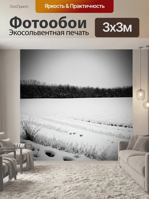 Фотообои поле, покрытое слоем свежего снега, изображенное в технике белого на черном