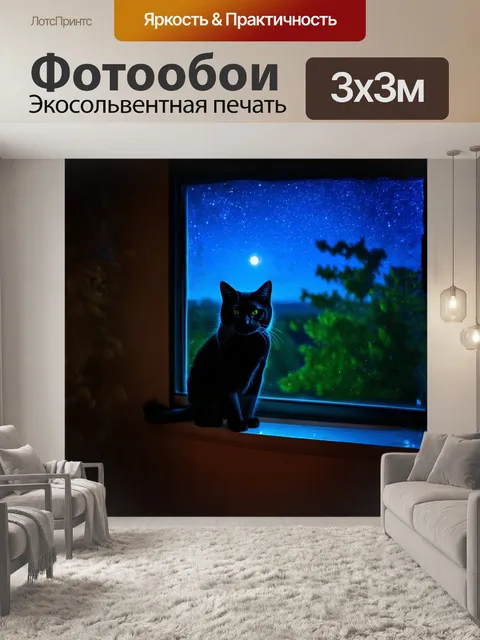 Фотообои черный кот, сидящий на окне, наблюдает за ясным небом, заполненным яркими звездами